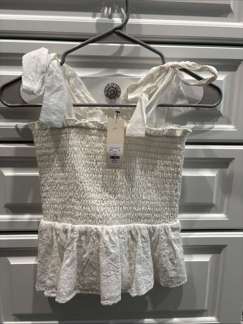 Francesca's Collections White Smocked Tie-Shoulder Eyelet Tank